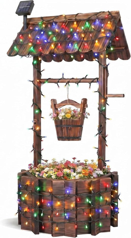 Wooden Wishing Well Planter With Light,4 Reinforced Rods,Dual Tier Planting | 8 Custom Lighting Modes, Adjustable Hanging Bucket, Multi-Yard Decor, Seasonal Plant Friendly, Easy Installation