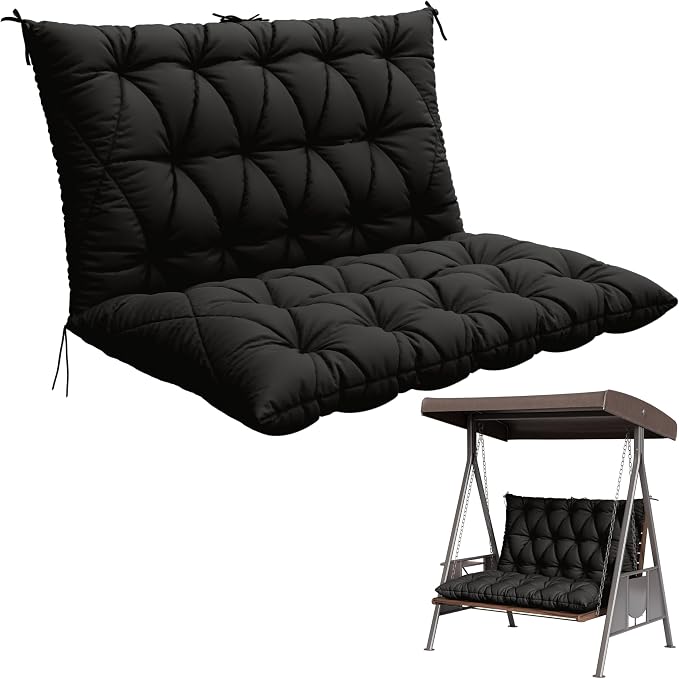 Porch Swing Cushion with Backrest,Waterproof Bench Cushion for Outdoor Furniture,2-3 Seater Replacement Thickened 5 in swing cushion,with Ties,Patio,Outdoor,Backyard and Garden (Black,47x40 in)