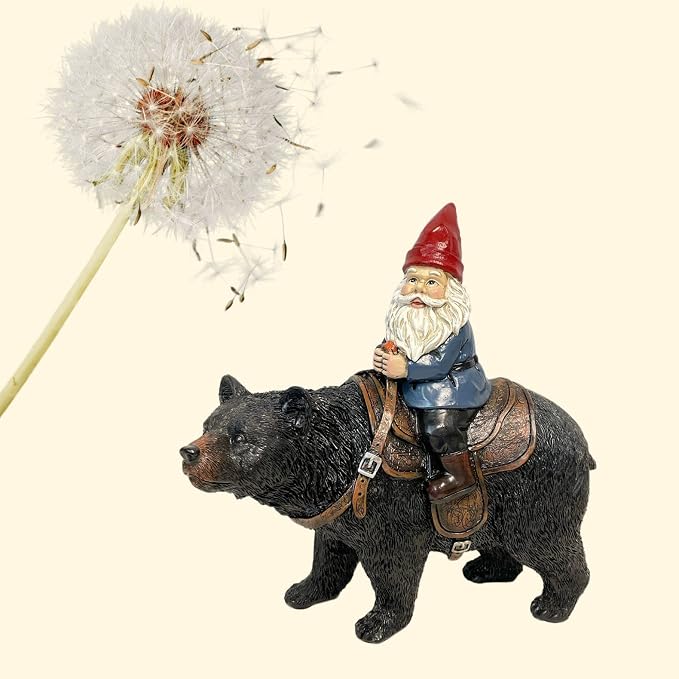 BestGiftEver Outdoor Statue Gnome Riding Bear Design in Resin | Funny, Garden Yard Patio Flowerbed Lawn Decoration, Figurine