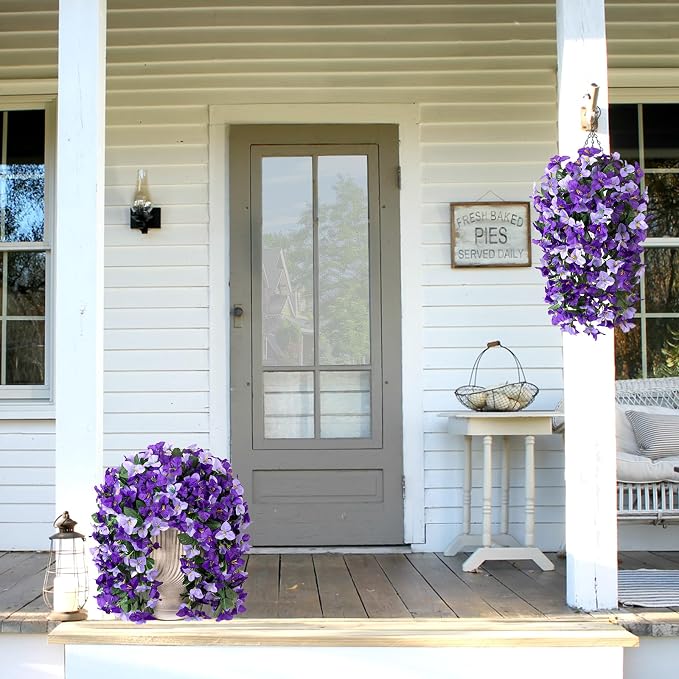 INXUGAO 2 pcs Artificial Faux Bougainvillea Flowers Plants for Outdoor Outside Summer Decoration, Fake Silk UV Resistant Long Trailing Vines for Front Door Porch Planter Balcony (Purple Dark Purple)