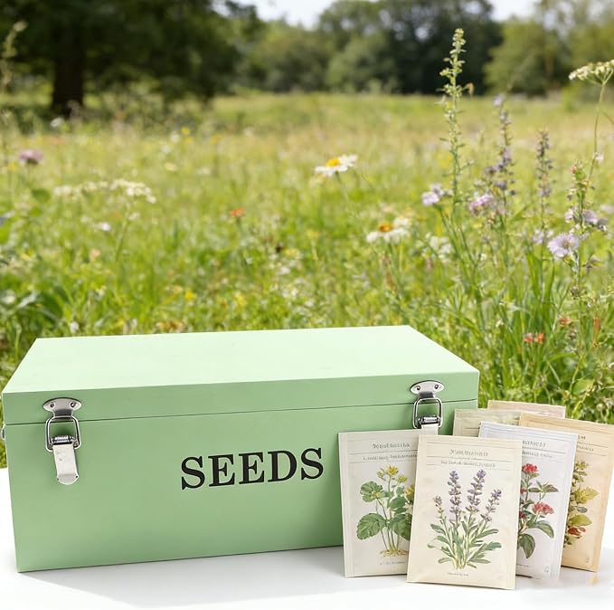 Seed Storage Organizer with 2 Dividers,Wooden Seed Saving Box with Lid, Seeds Bin Storage Container Kit with 2 Pens,12 Slots and 50 Seeds Envelopes, Perfect for Flower Plants Garden