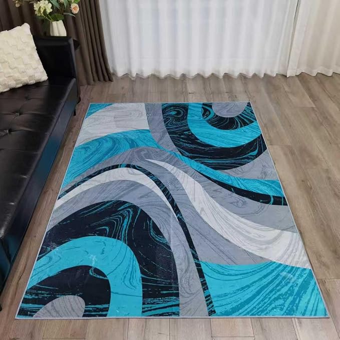 Washable Area Rug for Living Room, Indoor, Dinig Room – Soft Pile Non-Slip Rug for Kitchen – Modern Contemporary Design Machine Washable Carpet, Foldable Rug, Easy to Clean – (8X10-Teal)