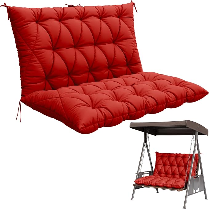 Porch Swing Cushion with Backrest,Waterproof Bench Cushion for Outdoor Furniture,2-3 Seater Replacement Thickened 5 in swing cushion,with Ties,Patio,Outdoor,Backyard and Garden (Red,47x40 in)