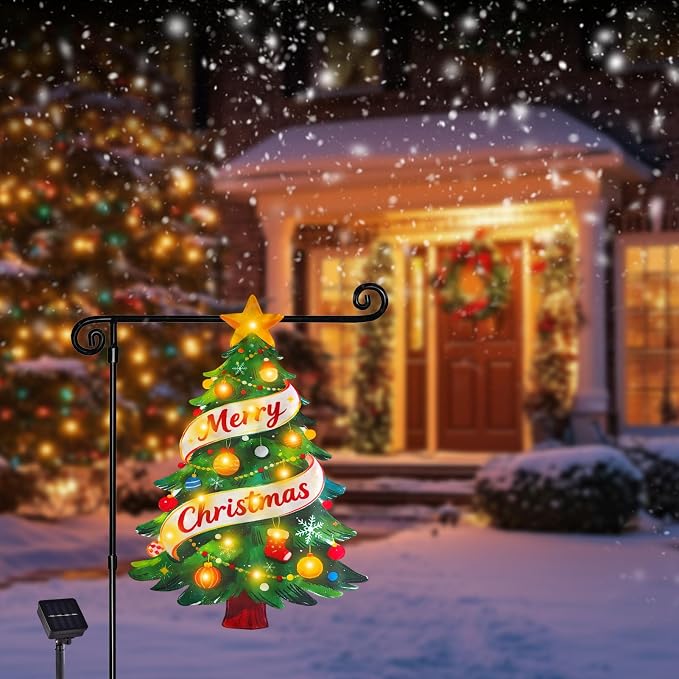 Lighted Christmas Garden Flag for Outside, Solar LED Xmas Tree Flag Decoration, 12x18 Double Sided Outdoor Yard Lawn Decor (Shape Christmas Tree, 12x18 Inch)