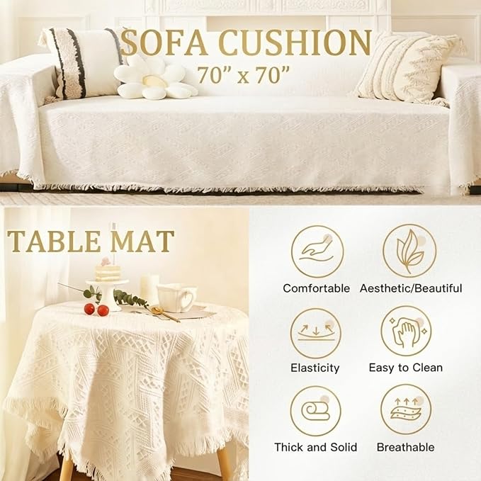 White Picnic Blanket, Extra Large Soft Cotton Gauze Picnic Rug 71"x71", Lightweight Breathable Blanket, Machine Washable for Beach, Camping, Park, Couples (Patterned Whimsy - No Straps)