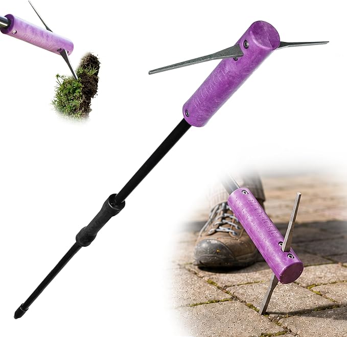 BICRACKIE Stand-Up Paver Crack Weeding Tool with 60" Steel Pole; Steel Blade with 2-Sized, 5" Tapered Ends for Patios, Driveways (Saw-Cut), Sidewalks, Pavers to Remove Weeds Easily; Made in USA