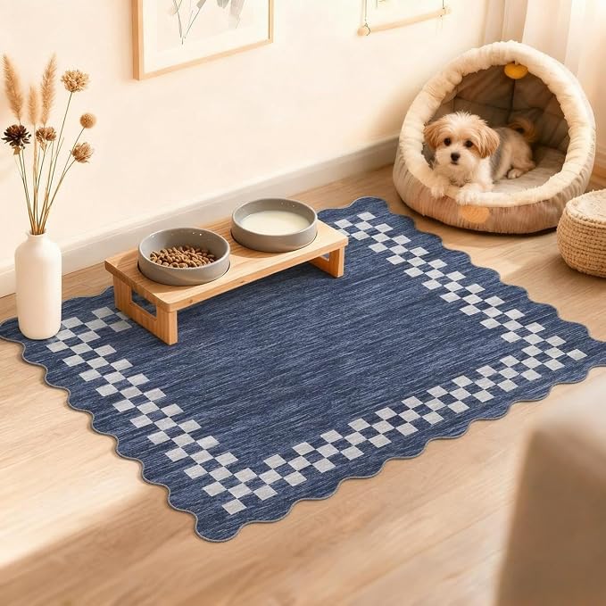 Small Area Rug 2x3 Modern Checkered Entry Rug Solid Color Scalloped Kitchen Rugs Washable Bedroom Doormat Non Slip Stain Resistant Bordered Throw Carpet for Living Room Nursery Laundry, Blue
