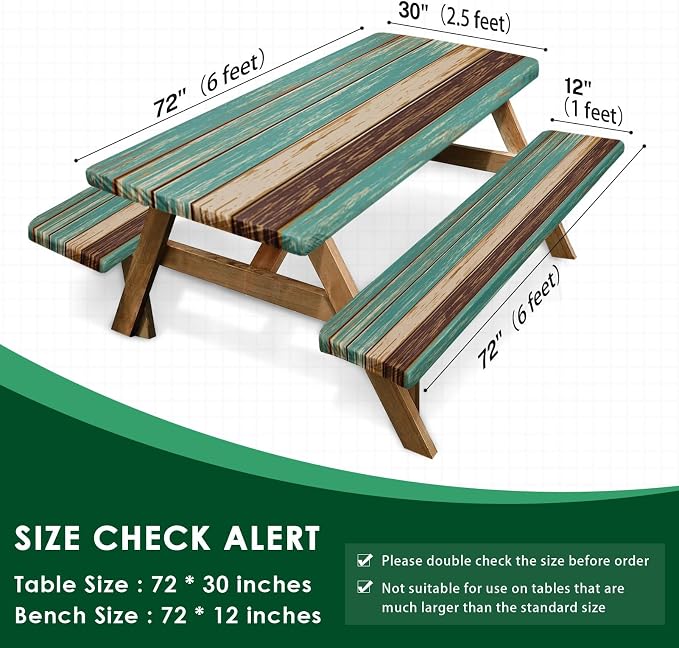 Teal Brown Picnic Table Cover with Bench Covers, Vintage Retro Wood Board Outdoor Camping Essentials 6FT 3PCS Fitted Rectangle RV Must Haves Tablecloth with Drawstring Bag