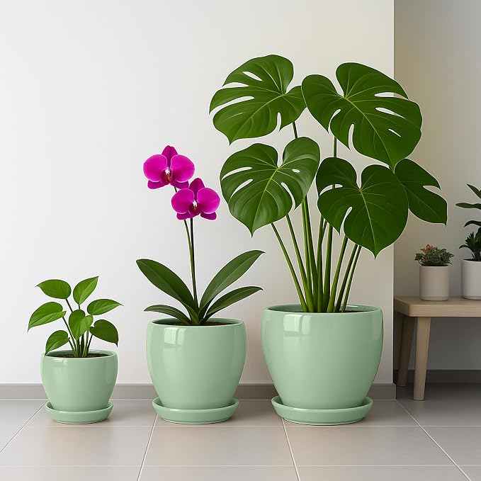 Deep Dream 8 Inch Plant Pots- Ceramic Pots for Plants with Drainage Hole and Saucer, Large Planter Pot for Indoor Plants Outdoor Decor, Mint Green