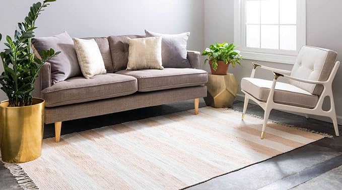 Unique Loom Chindi Rag Collection Area Rug - Striped (8'x 10' Rectangle, Beige/ Ivory)