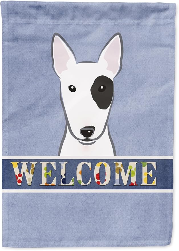 Caroline's Treasures BB1395GF Bull Terrier Welcome Garden Flag, Blue Mailbox Flag Decorative Yard Flag Banner Outside Patio Artwork Yard Flower Beds, Garden Size, Multicolor