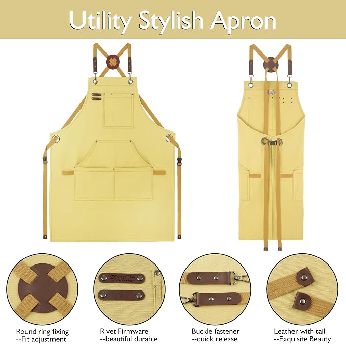 5 Pack Kitchen Apron, Work Apron, Canvas Apron, Amber | Multiple Pockets, Gardening, Painting, BBQ, Artist, Carpenter, Sizes M to XXL