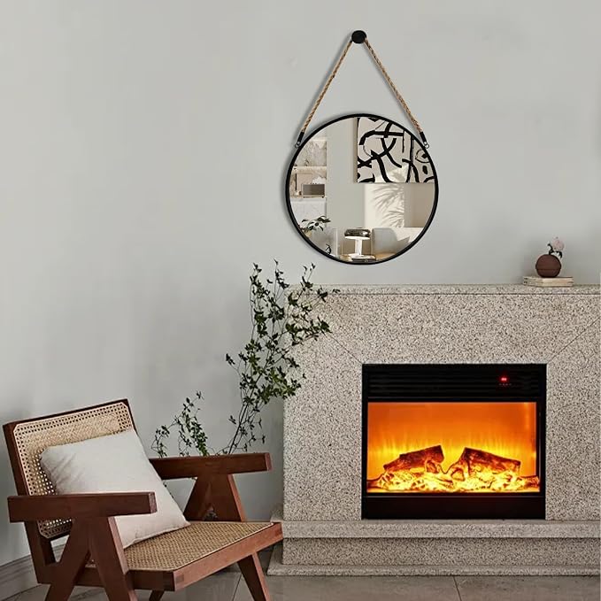 POZINO 15" Small Round Rope Hanging Mirror with Black Metal Frame | Circle HD Mirror with Jute Rope, Anti-Rust, Farmhouse Decorative Wall Mirror for Entryway, Living Room, Fireplace, Bedroom