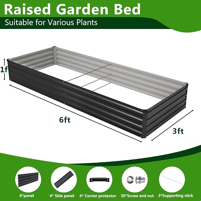 2PCS 6x3x1ft Galvanized Raised Garden Bed,Outdoor Planter Box Metal Patio Kit Planting Bed for Vegetables Flowers Herb,Black