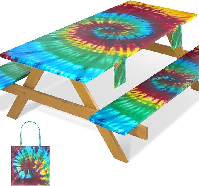 Fitted Waterproof Picnic Table Cover with Bench Covers Elastic 96×30In 3 Piece Camping Table Cloth for 8Ft Rectangle Tables Outdoor Camper Gifts Supplies Patio Rv Traveling Hiking Must Haves