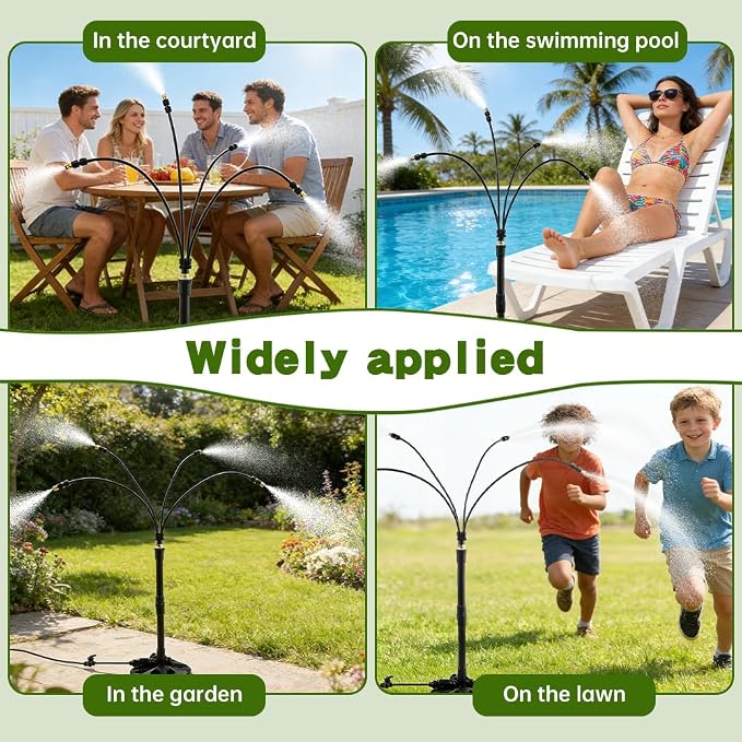Standing Misters for Outside Patio, 35Inch Adjustable Height Misting Sprinkler with 4 Nozzles, Cooling Misting System Line 26.25FT, Anti-Leak Design, Outdoor Mister for Garden, Backyard, BBQ