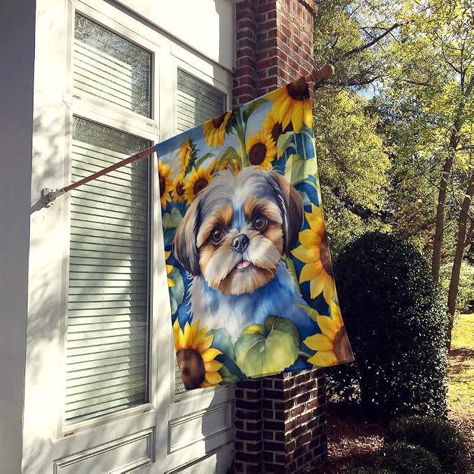 Caroline's Treasures DAC6162CHF Shih Tzu in Sunflowers House Flag Large Porch Sleeve Pole Decorative Outside Yard Banner Artwork Wall Hanging, Polyester, House Size, Multicolor