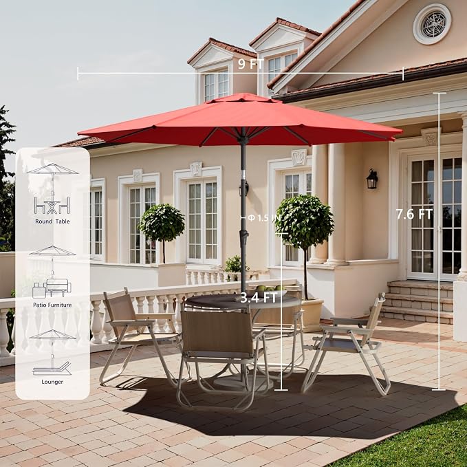 Outdoor Patio Umbrella with One Push Button Tilt and Crank, 8 Sturdy Ribs Market Table Umbrella