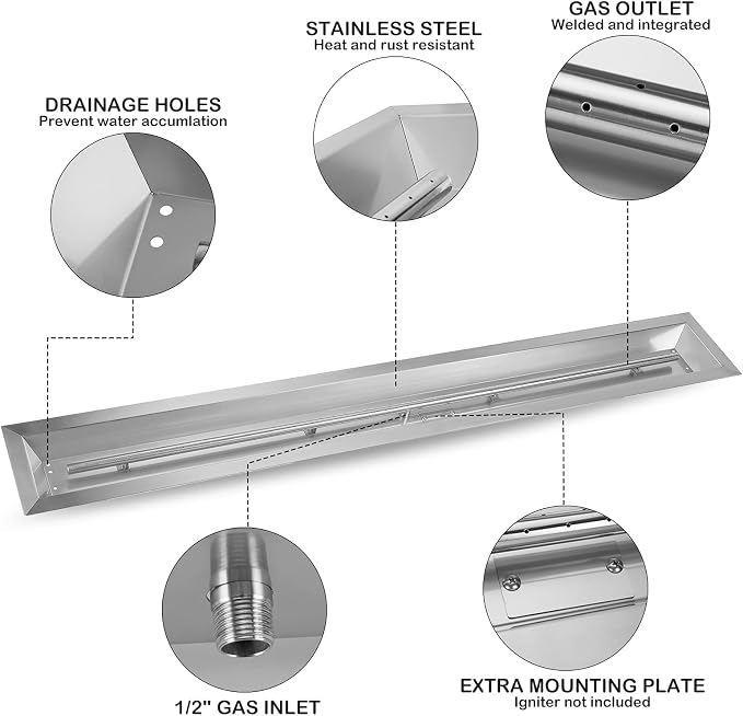 Stanbroil 72 by 6-Inch Linear Gas Fire Pit Burner, Stainless Steel Fire Pit Pan, Natural & Propane Gas Firepit for Outside DIY Firepit, BTU 175,000 Max