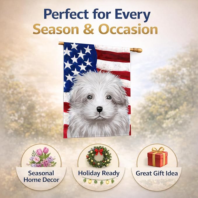 Caroline's Treasures CK6446CHF Bolognese Dog American Flag House Flag Large Porch Sleeve Pole Decorative Outside Yard Banner Artwork Wall Hanging, Polyester, House Size, Multicolor