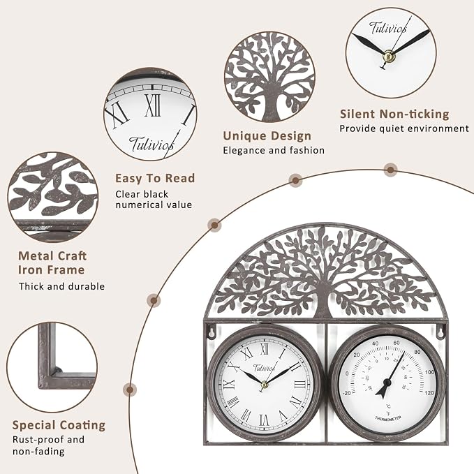 17Inch Large Outdoor Clock,Waterproof Wall Clock with Thermometer,Weatherproof Non-Ticking Quartz Battery Operated Decor Clock for Patio,Garden,Pool,Porch,House Warming Gifts