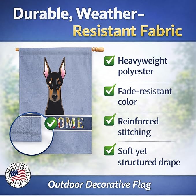 Caroline's Treasures BB1431CHF Doberman Welcome House Flag, Blue Large Porch Sleeve Pole Decorative Outside Yard Banner Artwork Wall Hanging, Polyester, House Size, Multicolor