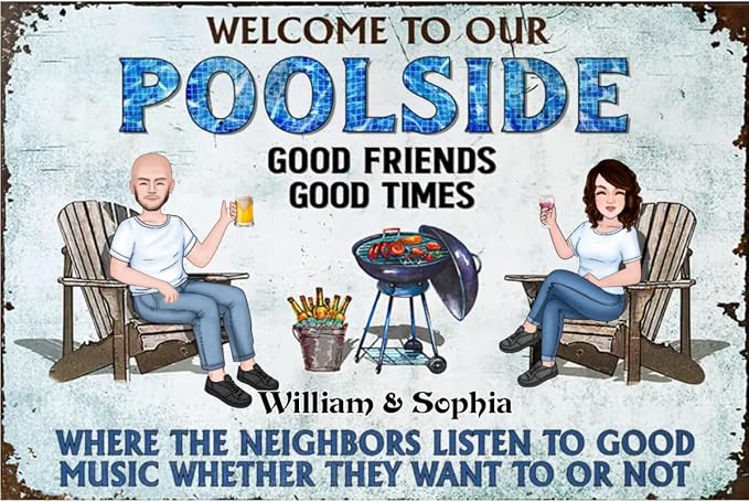 Personalized Classic Metal Sign - Welcome to Poolside Grilling Listen to The Good Music Couple Husband Wife Custom Wall Decor for Home Gate Garden Bars Sign Gift vintage metal signs Wall Decoration