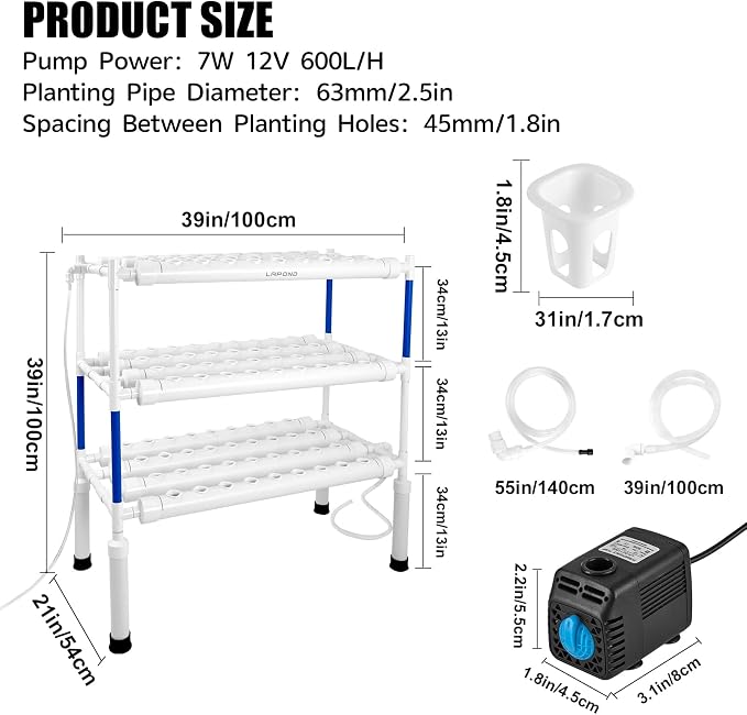 Upgraded Hydroponics Growing System with LED Grow Lights,108 Plant Sites,3 Layers Food-Grade PVC-U Pipes Hydroponic Grow Kit