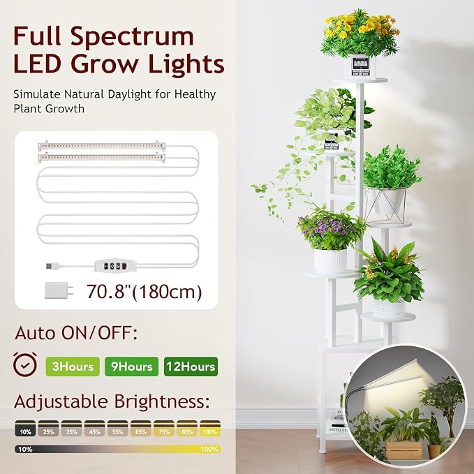 Homsorout Plant Stand Indoor with Grow Light, 6-Tiered Tall Plant Stand Indoor, Metal Plant Shelf with Hanging Basket Hook and Adjustable Light, Ideal for Living Room, Garden, Round Patio white