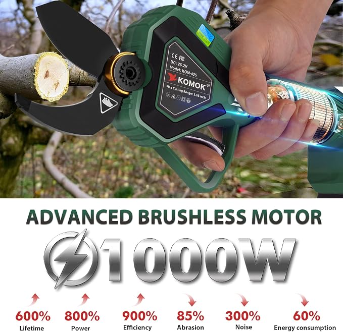 KOMOK Electric Pruning Shears, Professional Cordless Electric Pruners Battery Powered Tree Branch Cutter with 2 Rechargeable 2 Ah Lithium Batteries, 1.65" (42mm) Cutting Diameter 8-10 Working Hours