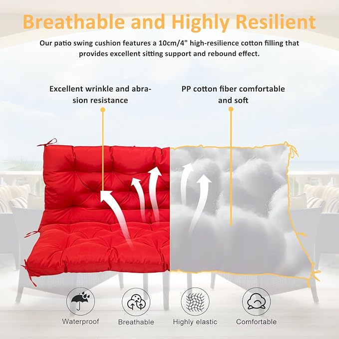 Swing Replacement Cushions for Outdoor: 2-3 Seater Waterproof Porch Bench Cushion with Backrest and Ties - 4" Thick Swing Cushion for Garden Patio Backyard Loveseat