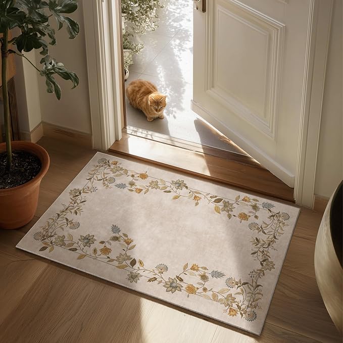 2x3 Washable Small Rugs for Entryway: Floral Door Mat Indoor Entrance Non Slip Rubber Backed Low Pile Soft Throw Area Rugs for Bedroom Kitchen Front Door Indoor Entrance Foyer Entry Farmhouse