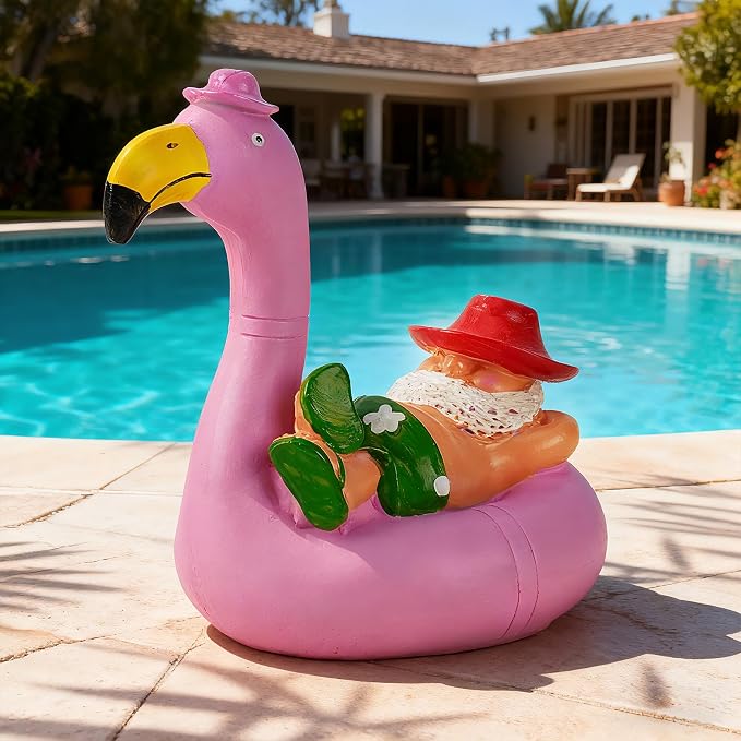Teaeeno Garden Gnome on Flamingo - Funny Gnome Figurine - Cute Gnome Lawn Statue - for Outdoor or House Decoration