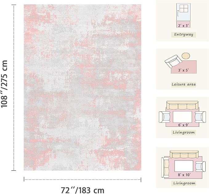 Latte&Fog 6x9 Area Rugs for Living Room Modern Abstract Washable Pink Rugs | for Dining Kitchen Kids Nursery Playroom Guest Room Classroom Dorm Farmhouse Office, Non Slip Low Pile Soft Floral Carpets