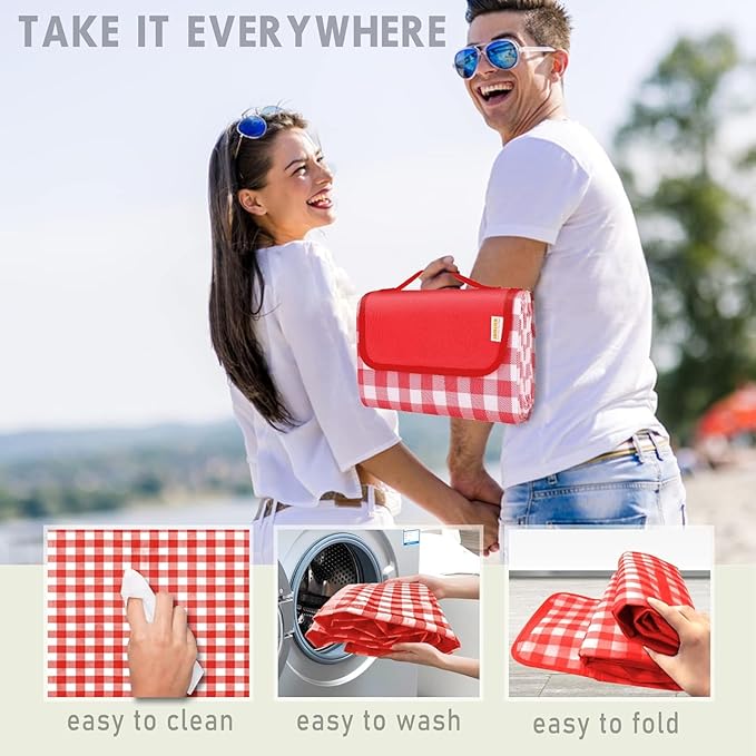 SAMSIER Outdoor Picnic Blankets Waterproof Foldable Sandproof, Extra Large Gingham Cute Picnic Mat Washable Portable for Park Beach Camping Courtyard (Red, 80"×80")