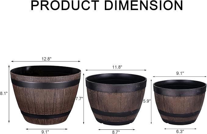 VECELO Plant Pots with Drainage Holes & Saucer, 9/11.3/13 Inch Flower Pots with Tray, 3 Pack Plastic Whiskey Barrel Planters for Indoor & Outdoor Garden Home Plants and Flowers