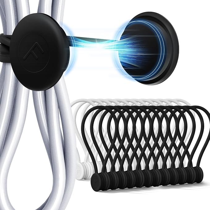 COOLMI Magnetic Cable Ties 24 Pack, 6.88 Inch Reusable Silicone Cord Organizer Wraps, Strong Magnet Cable Management Straps for Charging Cords, USB Cables, Earbuds, Desk, Travel, Black and White