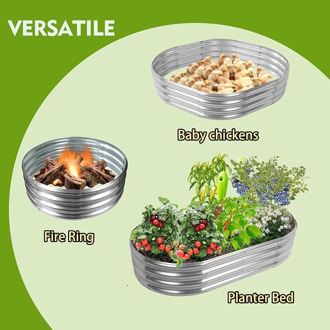 YSEJOMP 5X2.7X1 FT Oval Galvanized Metal Garden Raised Bed/Plant Box for Planting,32 Inches Diameter Iron Fire Pit Ring,Small Animal Fence-3 in 1 Modular Design in Black (Silver, 60X32X11.5 Inches)