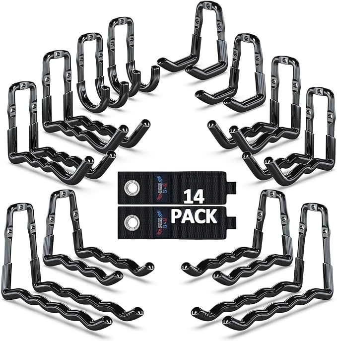 3-H Super Heavy Duty Garage Hooks 14 Pack, One-Piece Construction Garage Wall Hooks, Garage Hanger & Organizer Wall Mount for Ladders, Bikes, Chairs, WeedEaters, Shovels, Garden Tools (Black)