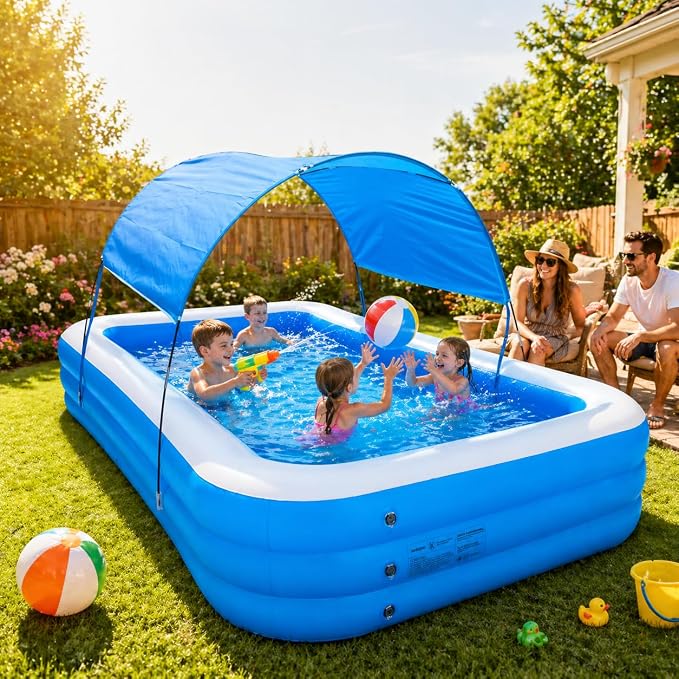 Inflatable Pool with Canopy,116" X 67" X 22" Large Inflatable Pool for Kids,Adults Thickened Family Swimming Pool for Toddlers, Outdoor, Garden, Backyard, Summer Water Party (XL)