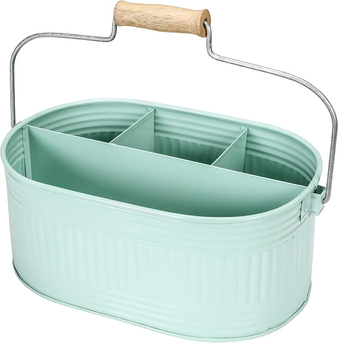Alpha Living Home Farmhouse Utensil Caddy Carry-All Serveware-Galvanized Metal Organizer for Kitchen Counter-Comfort Wooden Handle In/Outdoor Storage For Flatware,Condiments,Party Cutlery,Arts-TEAL