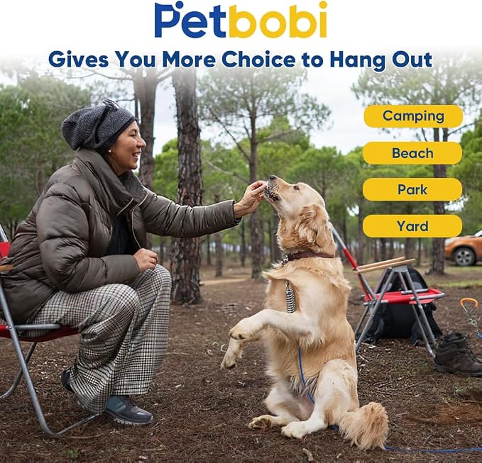 Petbobi Dog Tie-Out Cable and Stake - 50ft Heavy Duty Cable with Spring, No Tangle, 16in Ground Stake, Ideal for Outdoor Yard, Camping, Suitable for Small Medium Large Dogs Up to 120 lbs, Blue