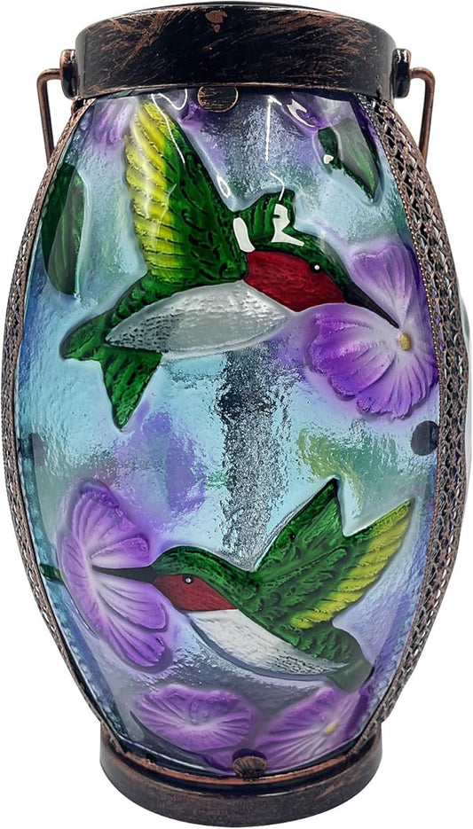 Hummingbird Solar Lanterns Glass & Metal Hanging Solar Lantern Outdoor Waterproof 13.8" H Tabletop Light for Garden Patio Table Decor Mother's Day Gift