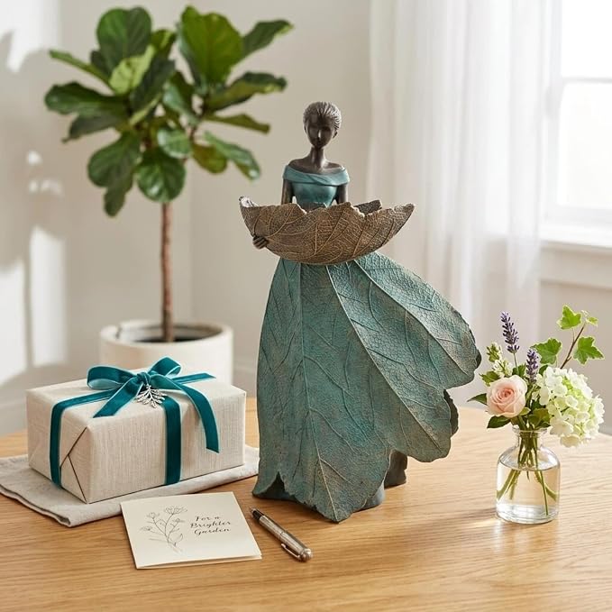 DiliComing Fairy Garden Statues Bird Feeder - 12 Inch Resin Outdoor Fairy Statue for Garden Decor, Decorative Patio Yard Lawn Flower Bed Figurine, Garden Gifts for Women (Green)