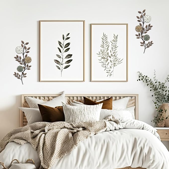 MorningRo 2 Pcs Metal Flower Leaves Wall Art Spring Wall Decor Living Room, 15.75 Inch Vintage Rustic Branch Leaf Wrought Iron Scroll Art Decor for Summer Bedroom Indoor Outdoor Decorations(Brown)