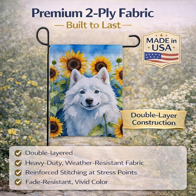 Caroline's Treasures DAC6008GF American Eskimo in Sunflowers Garden Flag Mailbox Flag Decorative Yard Flag Banner Outside Patio Artwork Yard Flower Beds, Garden Size, Multicolor