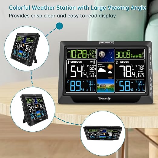 DreamSky Weather Station Indoor Outdoor Thermometer Wireless for Home | Digital Atomic Clock, Large Display with Dimmer, Inside Outside Temperature Humidity Monitor, Auto DST (Plug-in)