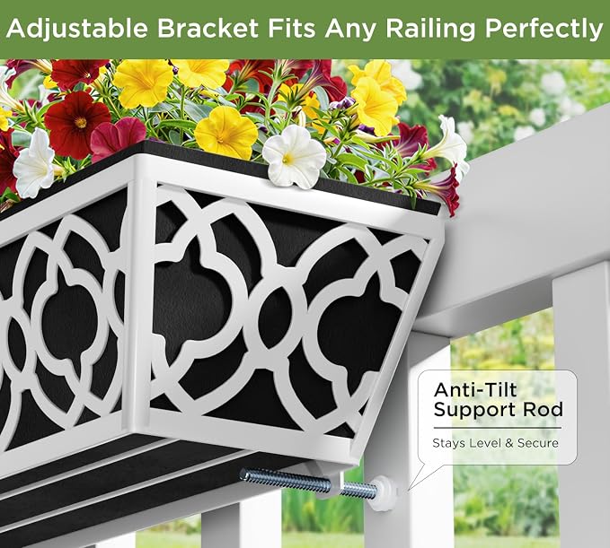 Y&M 30'' Hanging Railing Planter Box Set with Black Non-Woven Fabric Liner, 2 Pcs Large Metal Flower Boxes with Adjustable Brackets for Balcony, Deck, Fence, and Garden - Gray