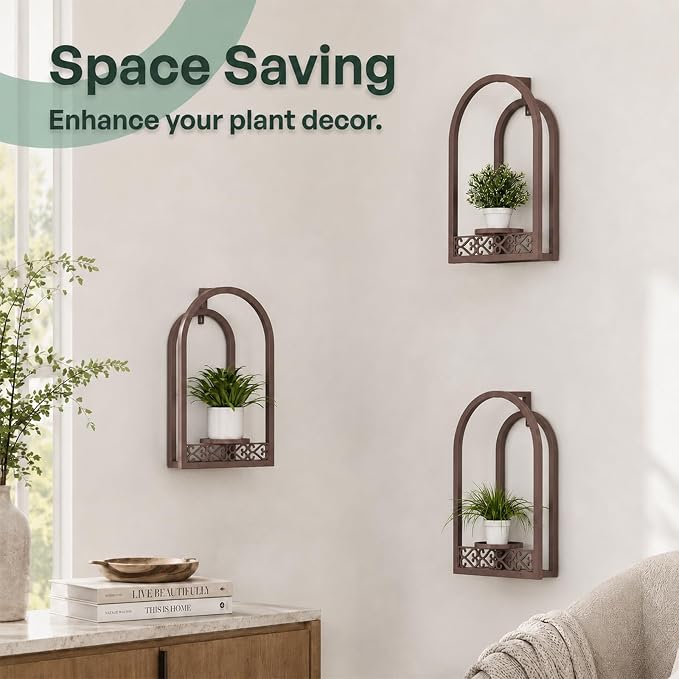 Hanging Planter for Indoor & Outdoor Plants, Mid Century Modern Iron Frame Wall Decor for Living Room Garden Patio 3 Pack Coffee（No Light）