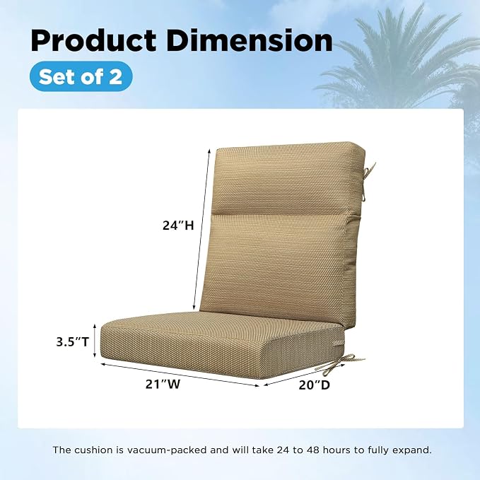 Outdoor Patio Chair Cushions 44x21x3.5 inch, Set of 2 Thicken Comfy Cushions for Rocker Non Slip Fade Shield Water Repellent High Back with Ties, Yellow Weave Pattern